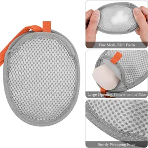 Gray mesh soap pouch with orange strap, fine mesh for rich foam and convenient daily bathing use.
