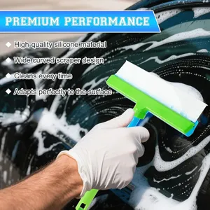 Detail view of a 12-inch car silicone squeegee cleaning a soapy windshield with ease.