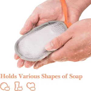 Sandwich mesh soap pouch detail view, foaming net bag with orange hanging strap for bath.