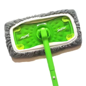 Swiffer flat mop with reusable grey microfiber replacement pad for wet and dry floor cleaning.