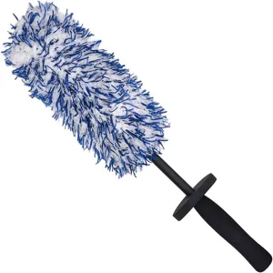 Microfiber wheel cleaning brush detail, blue white head with black handle for car rim detailing.