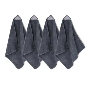 Detail shot of dark gray microfiber cleaning towel showing fabric texture and hanging loop.