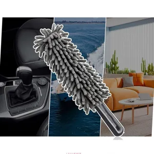 Gedetailleerd overzicht van grijs chenille stofdoek met zachte microvezelkop voor auto en huis.