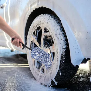 Professional car wheel cleaning brush with microfiber head for deep rim washing.