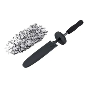 Premium car wheel hub cleaning brush with fluffy microfiber head and protective guard.
