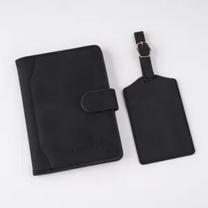 Conjunto de portapasaporte y etiqueta de equipaje negro con cierre magnético y RFID.