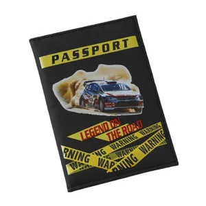 Black PU leather passport cover with rally car design, travel wallet card holder for men women