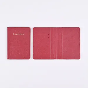 Red PU leather passport cover detail showing card slots and inner pocket for travel storage.
