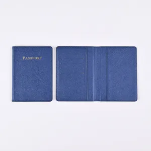 Blue PU leather passport holder detail, minimalist travel document case interior view.