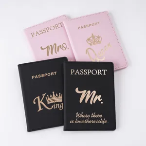 Couple PU leather passport holder set, gold stamped cover, travel document organizer case.
