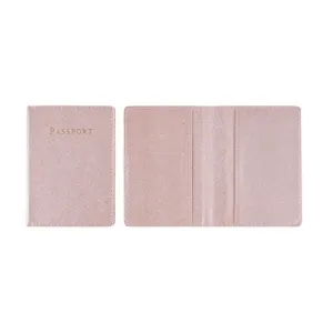 Pink PU leather passport cover with card slots, Saffiano texture travel document organizer.