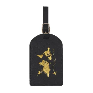Black PU leather luggage tag featuring a stylish gold world map and flight path design.