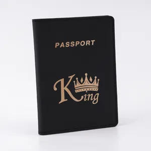 Black PU leather passport cover with gold foil stamping design, stylish travel document holder.