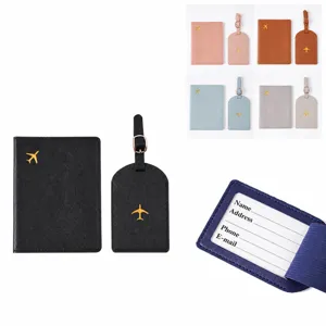 PU Leather Passport Cover And Luggage Tag Set Airplane Stamping Travel Document Organizer Passport Holder Card Case