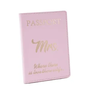 Pink PU leather passport cover with gold foil text, travel document organizer for women.