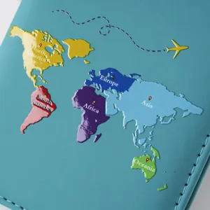 Colorful world map passport cover PU leather travel document organizer card holder detail.