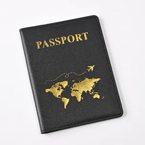 Detail view of black PU leather passport cover with gold stamped map and passport text.