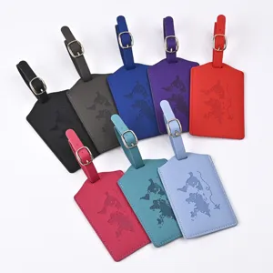 PU leather luggage tag with world map design, multi-color travel bag ID name label.