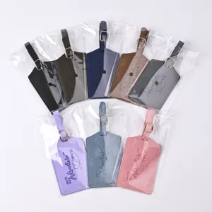 Colorful PU leather luggage tags with metal buckles, durable travel suitcase ID name badges set.