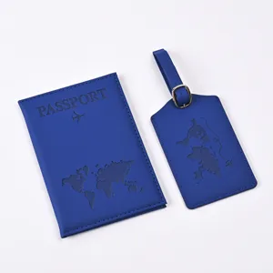 Blue PU passport cover and luggage tag set with world map debossed design for travel.