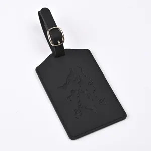 Black PU leather luggage tag featuring embossed world map design for travel identification