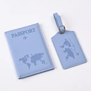 PU Leather Passport Cover And Luggage Tag Set Travel Document Holder With World Map Embossed Design For Men Women