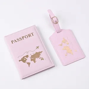 Pink PU leather passport cover and luggage tag set with gold world map for travel accessories