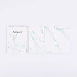 Detailed view of the green marble passport cover showing internal card slots and multipocket layout.
