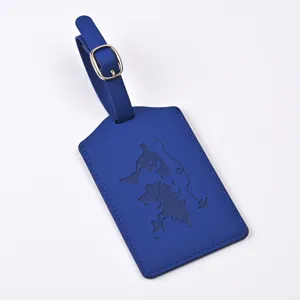 Blue PU leather luggage tag with world map embossing and metal buckle for travel.