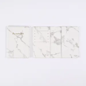 Marble PU leather passport cover with card slots, elegant travel document holder case for women men.