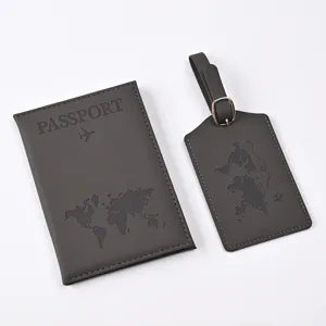 Dark grey PU leather passport cover and luggage tag set, simple travel accessories stylish.