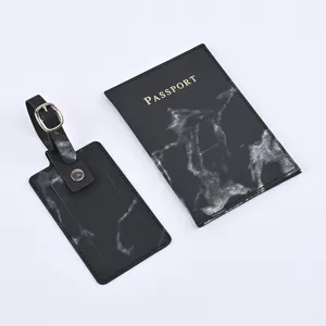 Black marble pattern PU leather passport cover and luggage tag set travel holder case