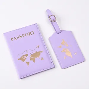 Purple PU leather passport holder and luggage tag set featuring gold foil world map design.