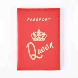 Red PU leather passport cover with gold Queen stamp, sleek travel document holder organizer.