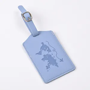 Light blue PU leather luggage tag featuring an embossed world map design and a metal buckle.