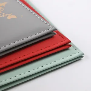 Detailed closeup view of stylish PU leather passport covers featuring map and neat stitching.