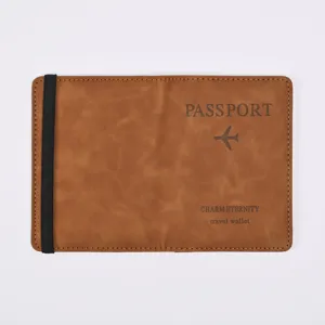Detail shot of brown PU leather passport holder travel wallet with elastic band and airplane print.