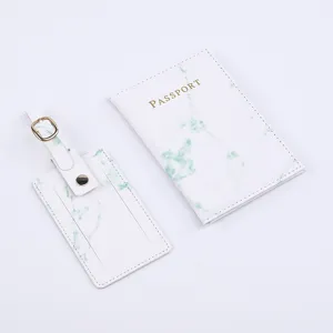 Marble PU passport cover and luggage tag detail view, stylish white green pattern.