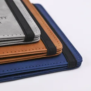 Detailed shot of PU leather passport holder travel wallet with elastic band colors.
