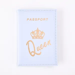 Light blue PU leather passport holder featuring a stylish golden crown and Queen text design.
