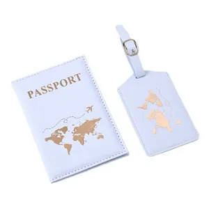 PU leather passport holder and luggage tag set with gold world map travel design.