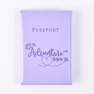 Purple PU leather passport holder detailed view, travel document organizer protective cover.