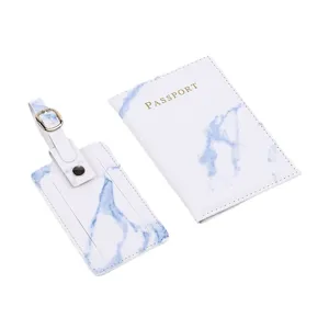 Blue and white marble PU leather passport holder and luggage tag travel set main view