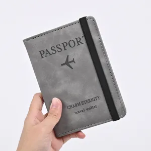 Grey PU leather passport holder travel wallet with elastic band and classic passport print