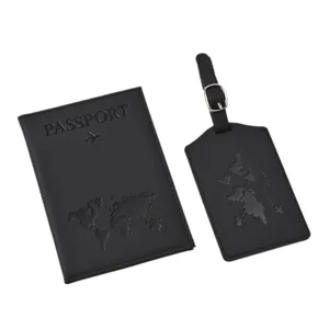 Black PU leather passport cover and luggage tag set with embossed world map design.