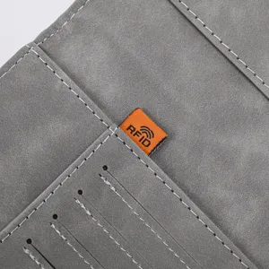 Close-up detail of grey PU leather passport wallet showing card slots and RFID security tag.