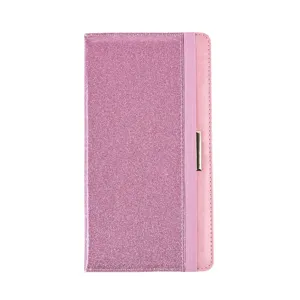 Pink glitter PU leather passport holder with elastic band and metal clasp for travel cards.