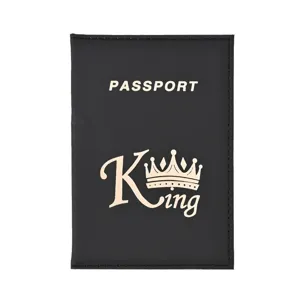Black PU leather passport cover with crown King design, portable travel document holder.