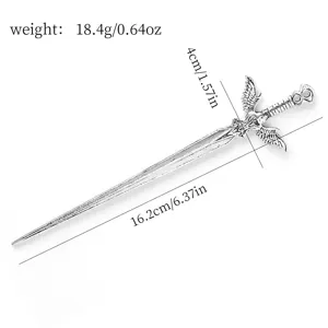 Sword hairpin detail shot showing vintage wing hilt, precise length and weight specs.