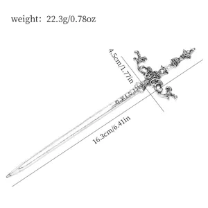 Detailed view of vintage metallic sword hair stick with gothic cross design, lightweight 22.3g.